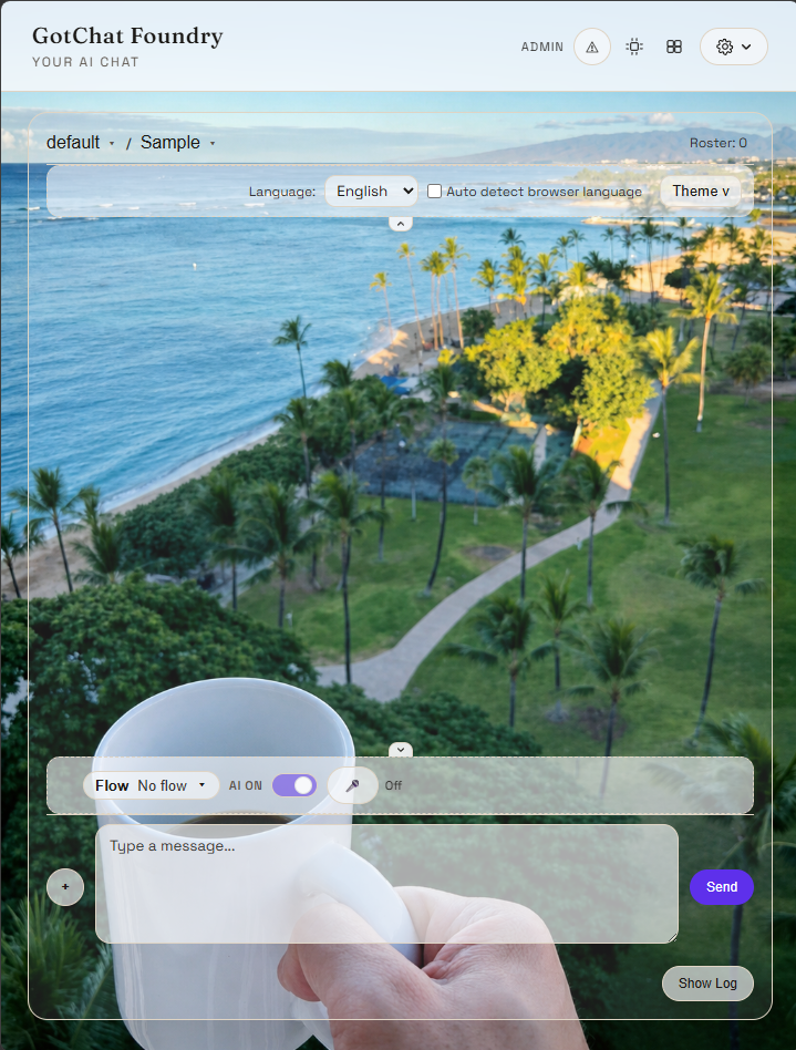 GotChat Foundry chat interface with a customizable scenic background and transcript controls